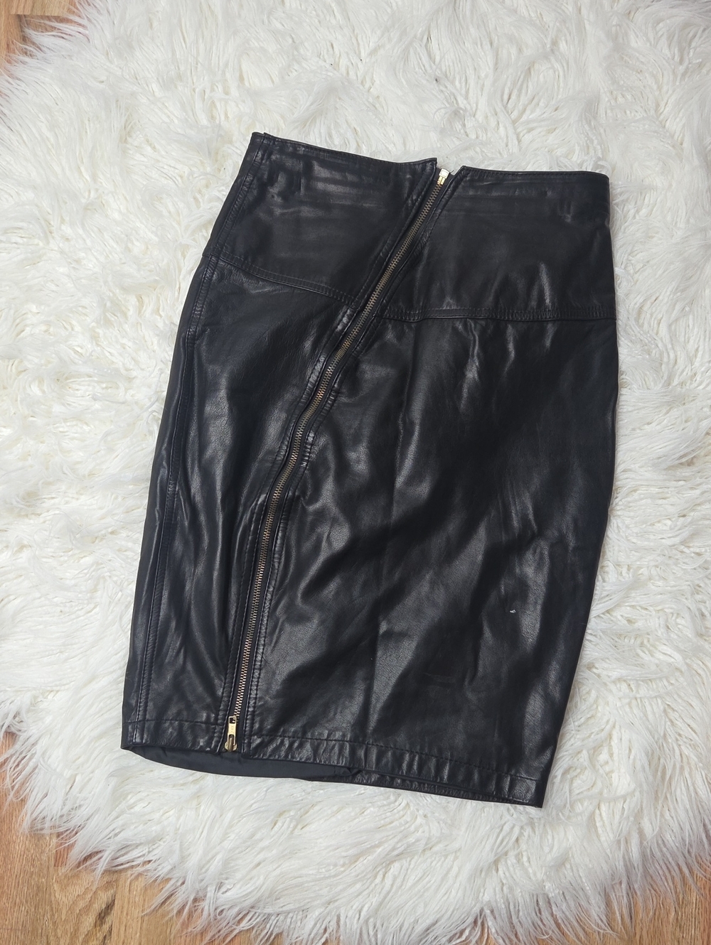 Classic Black Leather Pencil Skirt with Front Zip Sz 3/4